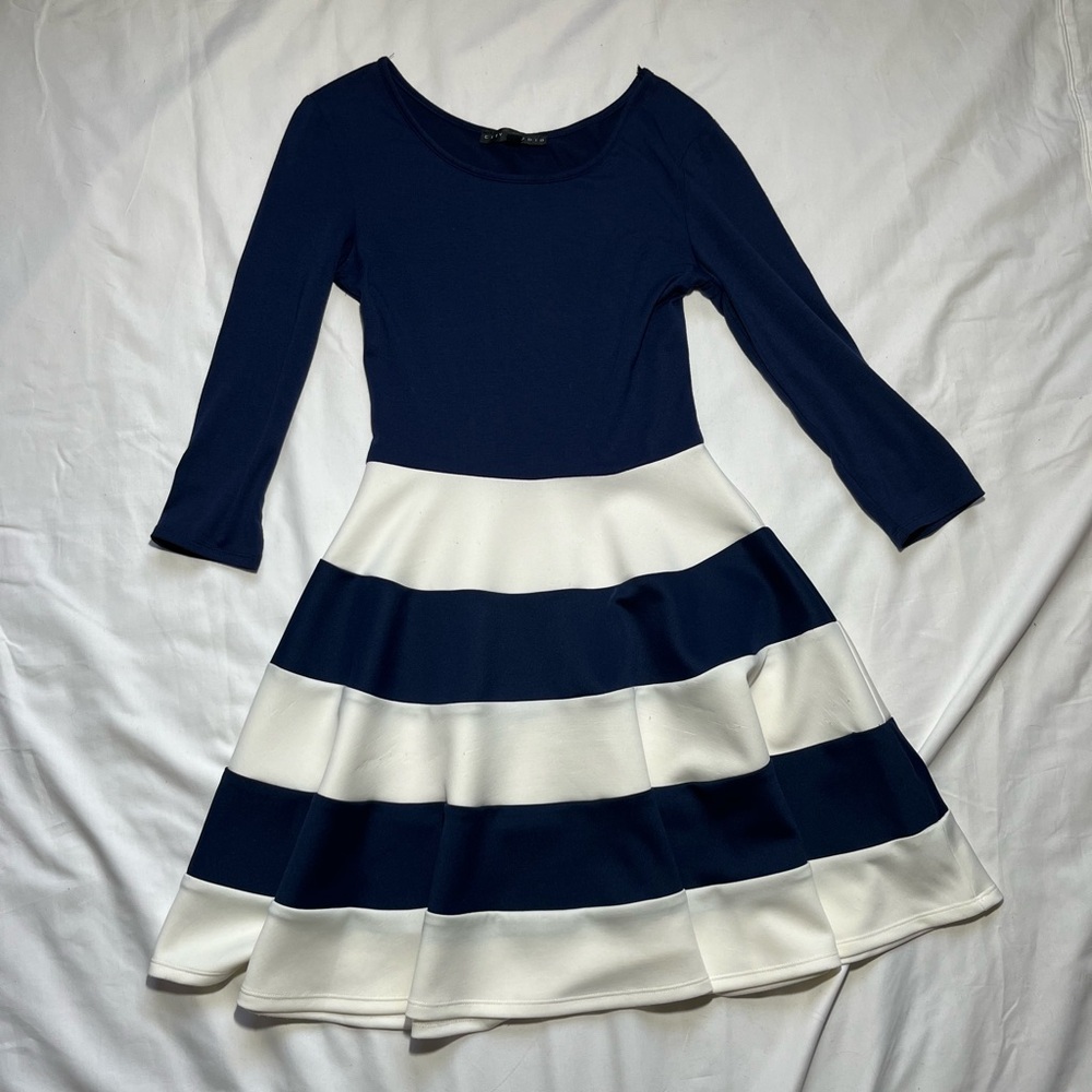 City Studio Blue and White Pleated A-Line Dress